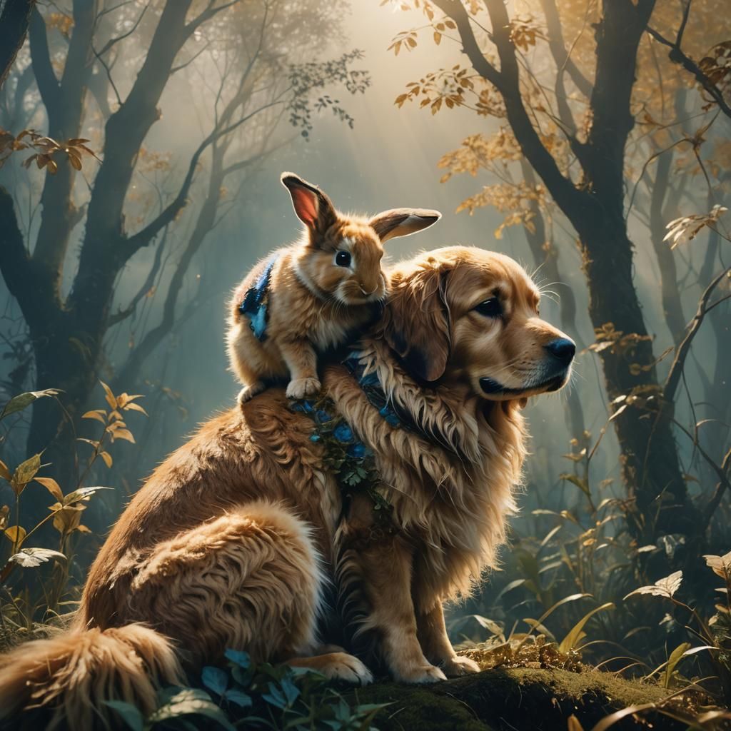 Rabbit and Retriever in Dreamlike Double Exposure