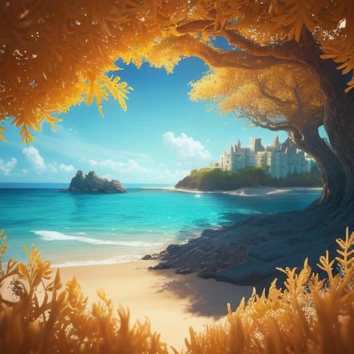 Tree Sandcastle at Sunset: Hyperrealistic Digital Art