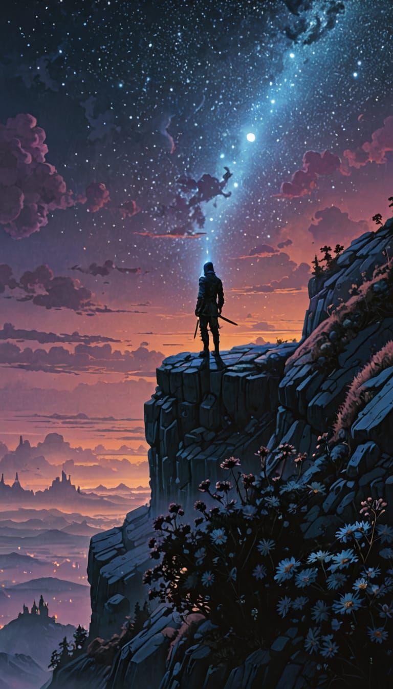 Dreamlike Knight Under Starry Night Sky in Ethereal Armor