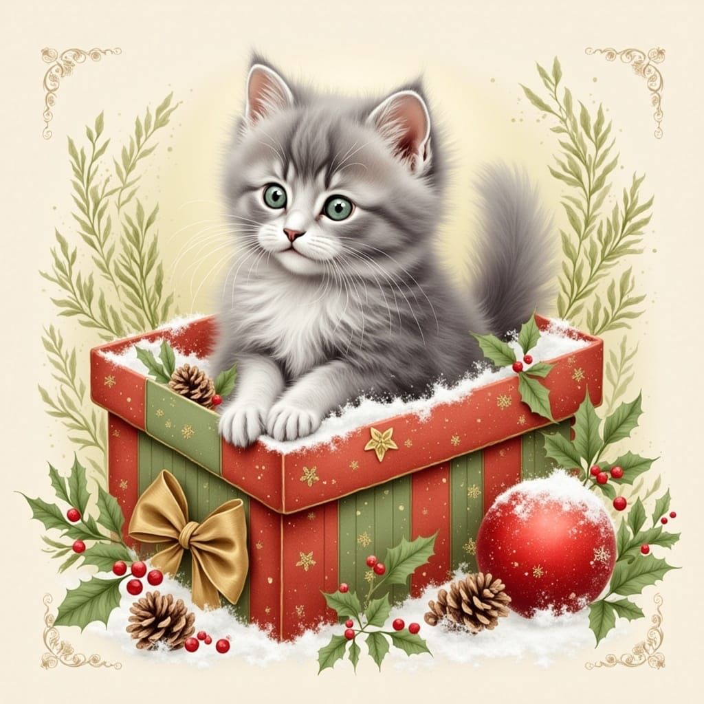 Grey and White Kitten in Vintage Christmas Box