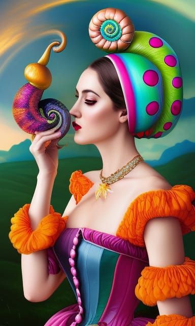 Surreal Snail Woman Portrait in Rococo Outfit