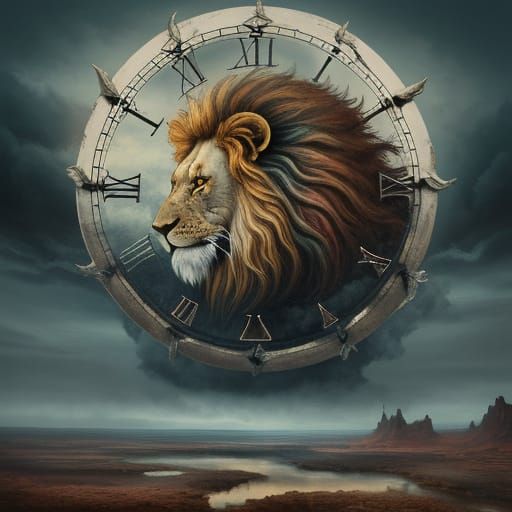 Surreal Lion Roaring in Desolate Landscape Oil Painting