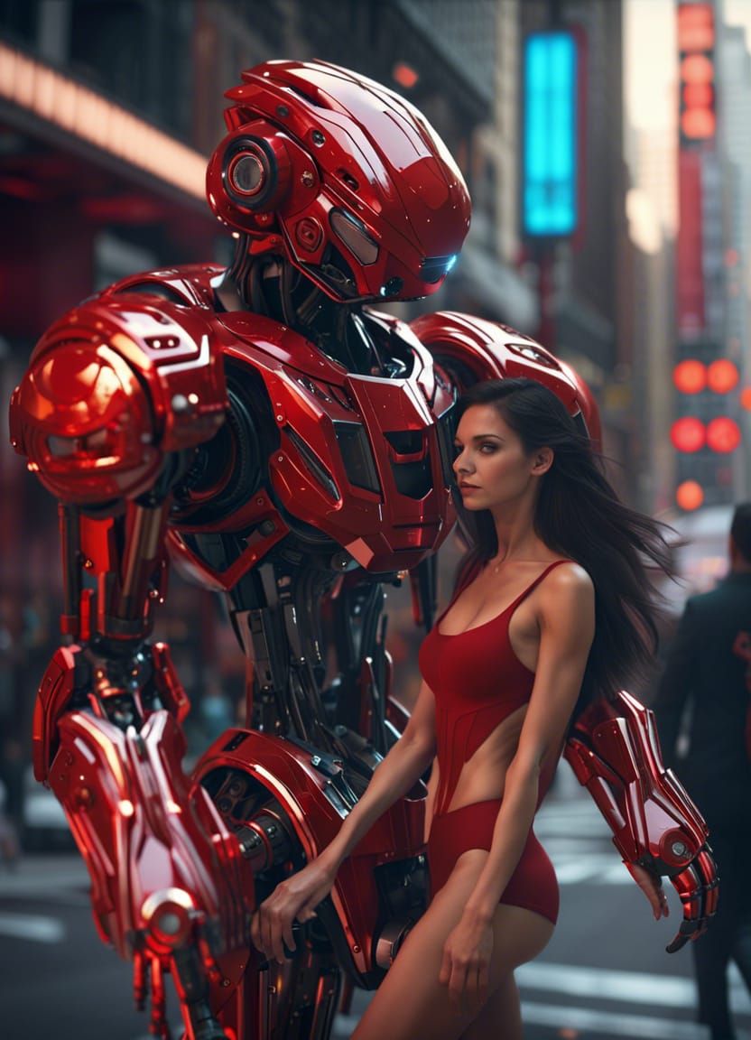 Futuristic Robot Carries Woman in Cyberpunk New York