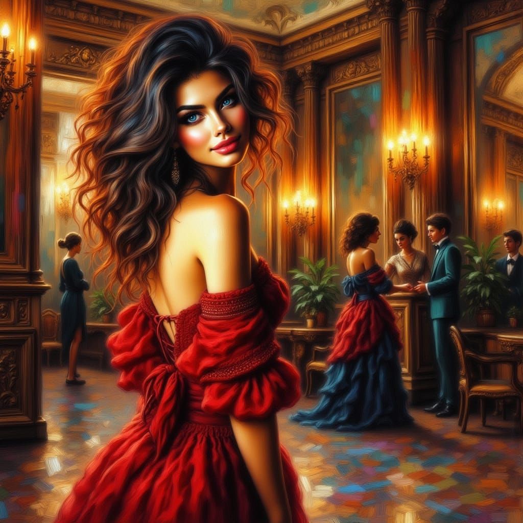 Elegant Woman in Gown in Palace Ballroom, Painterly Style