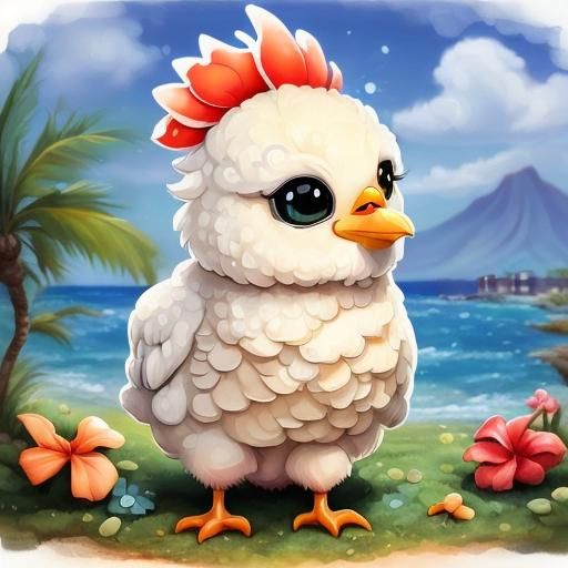 Cartoon Chicken on Hawaiian Beach Farm