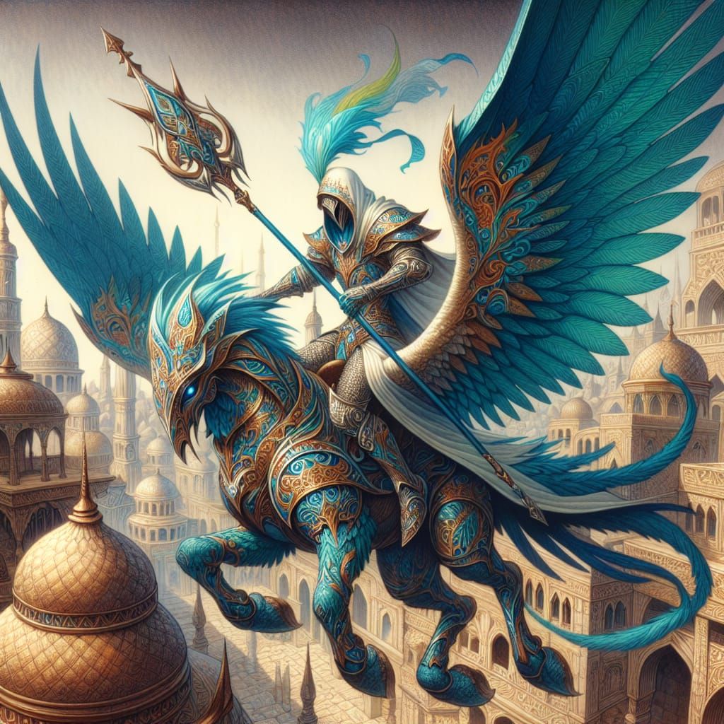 Heroic Knight on Winged Steed soars through Fantasy City