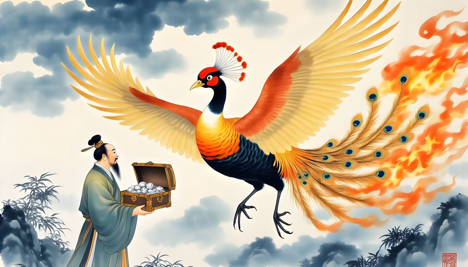 Majestic Fenghuang Soaring Over Chinese Landscape