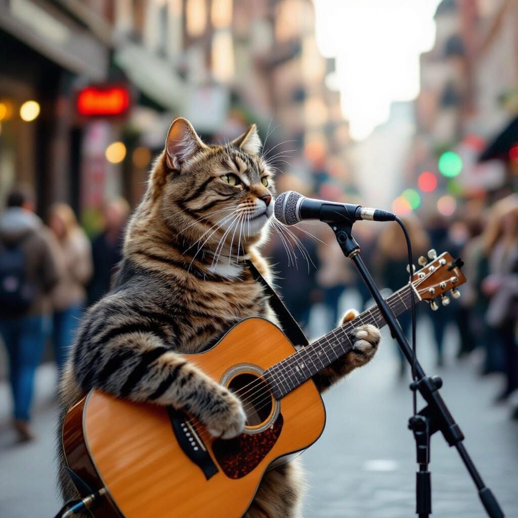 Cat Musician Performing on Street in Professional Portrait S...
