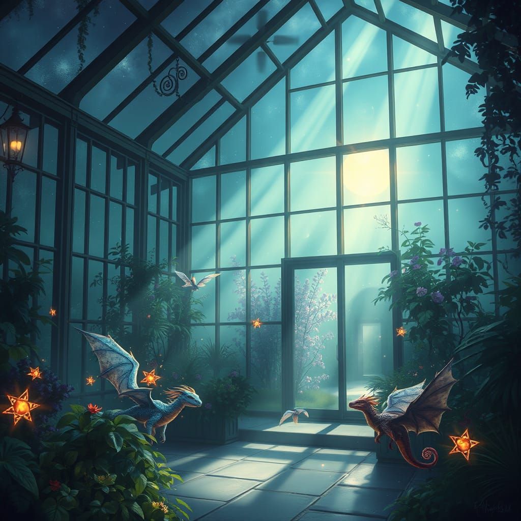 Magical Greenhouse with Dragons in Ethereal Moonlight