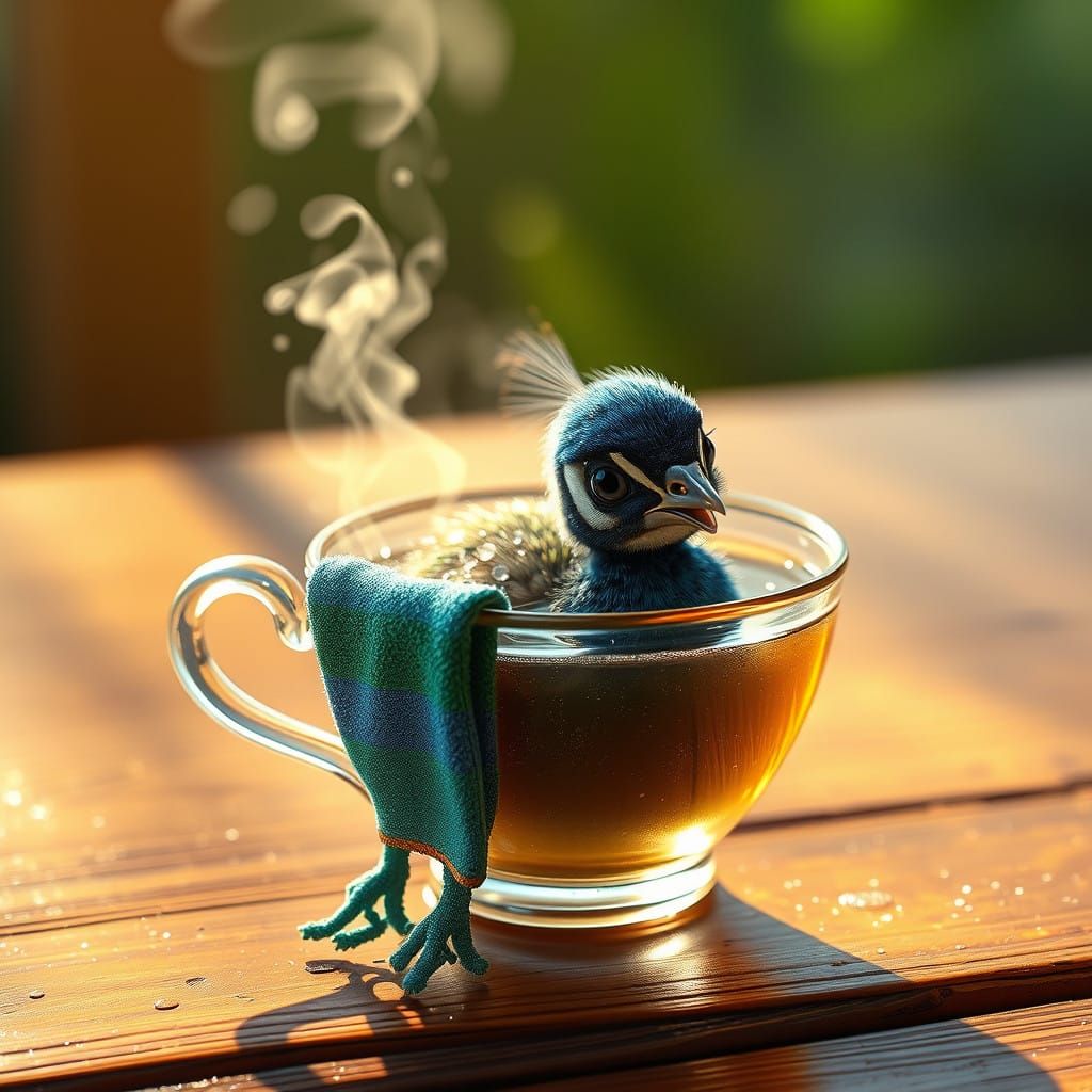 Whimsical Peacock Bath Scene in Dreamy, Iridescent Hues