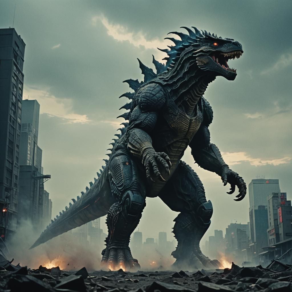 Dramatic Kaiju in Cinematic Film Still