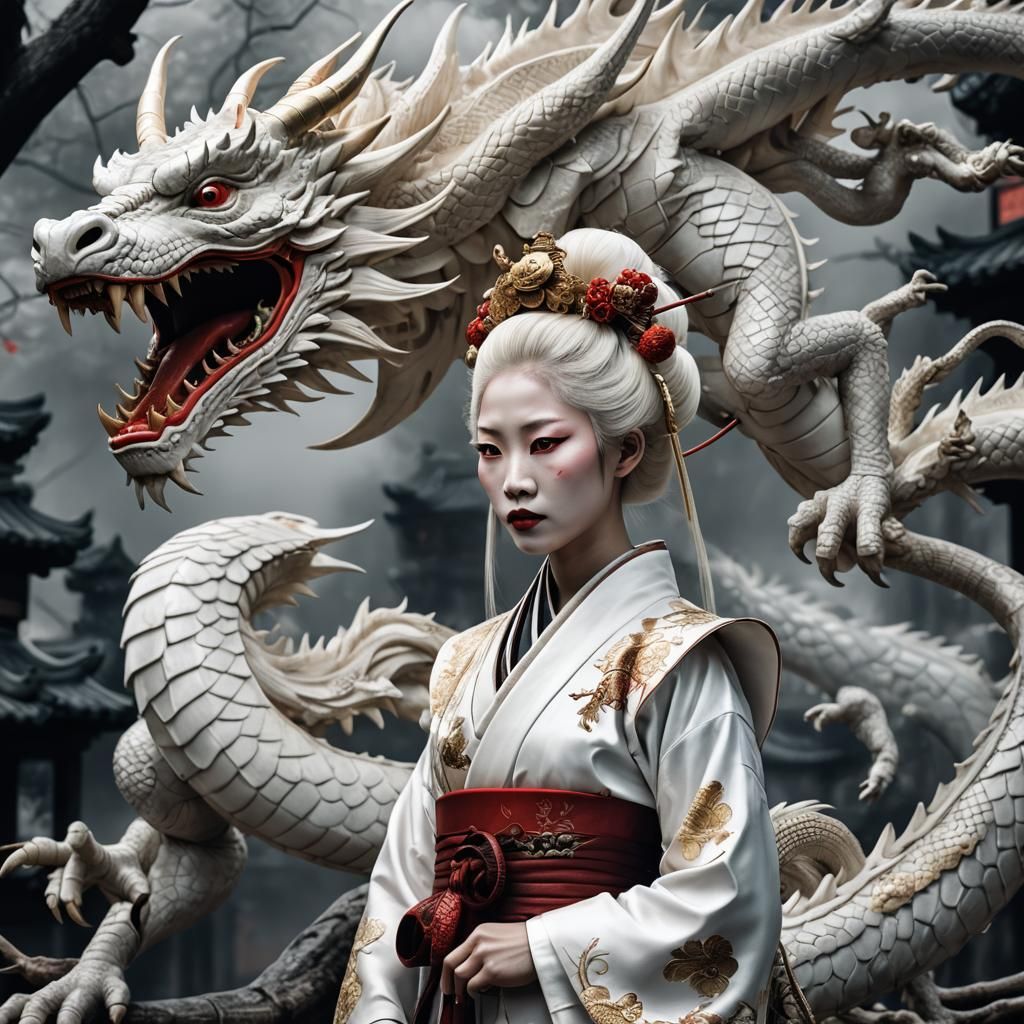 Albino Geisha and Dragon in Hyperrealistic Style