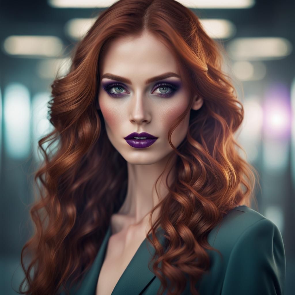 Stunning Portrait of a Slender Redhead: Hyperdetailed Digita...