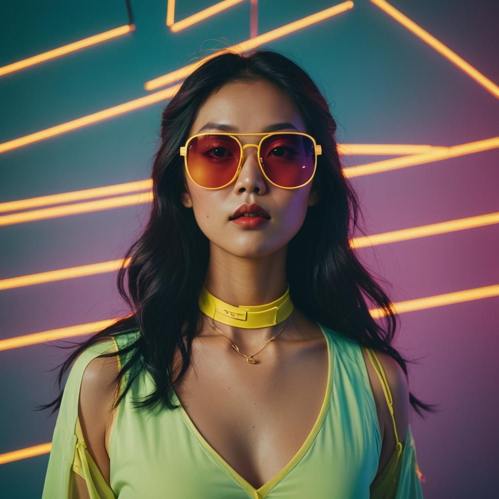 Asian Woman in Neon Synthwave Retro Portrait