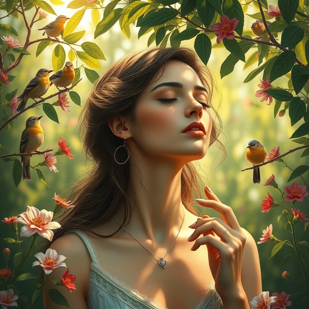 Serene Woman Summoning Nature's Melodies in Pre-Raphaelite S...