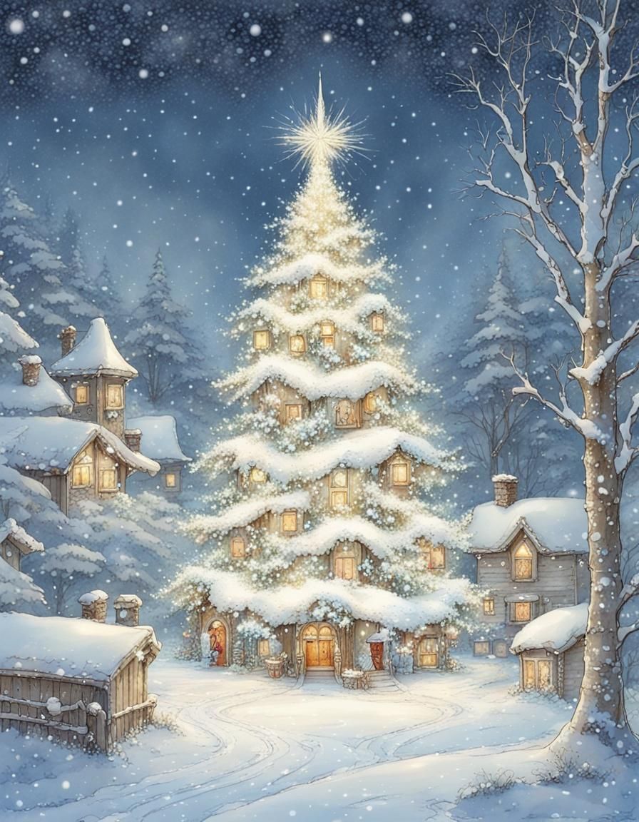 Snowy Christmas Tree in Sarah Kay Style