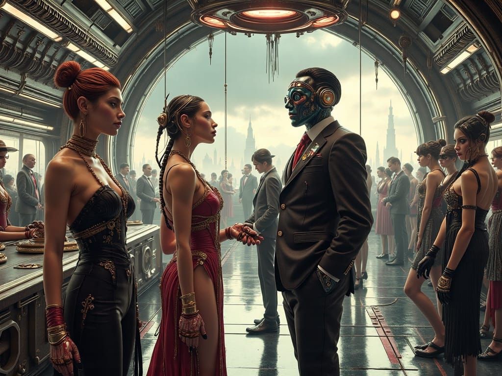 Art Deco Space Station with Aliens and Humans