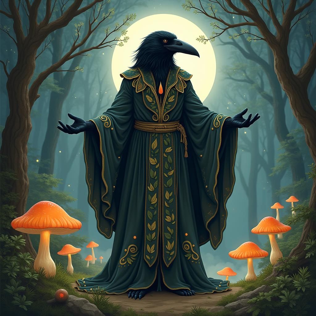 aarakocra raven female druid in intricate robes doing a cere...