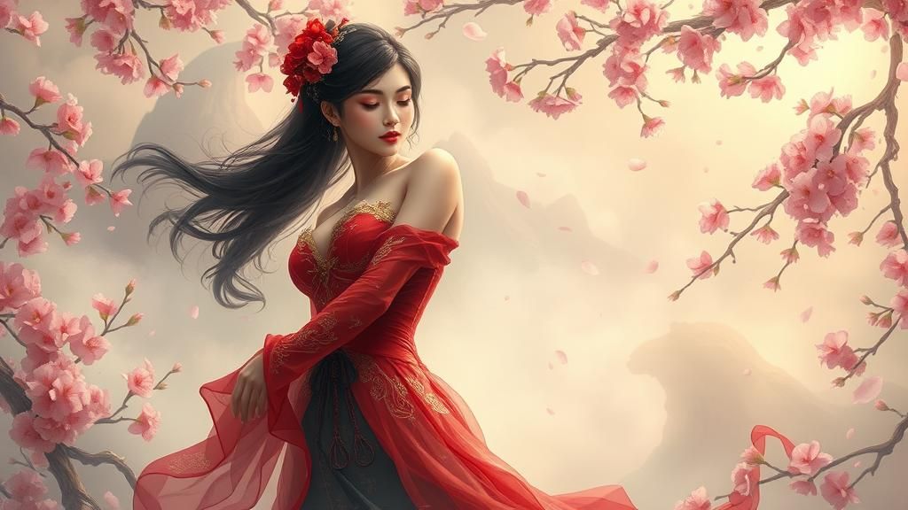 Asian Temptress in Cherry Blossoms, Ethereal Gown