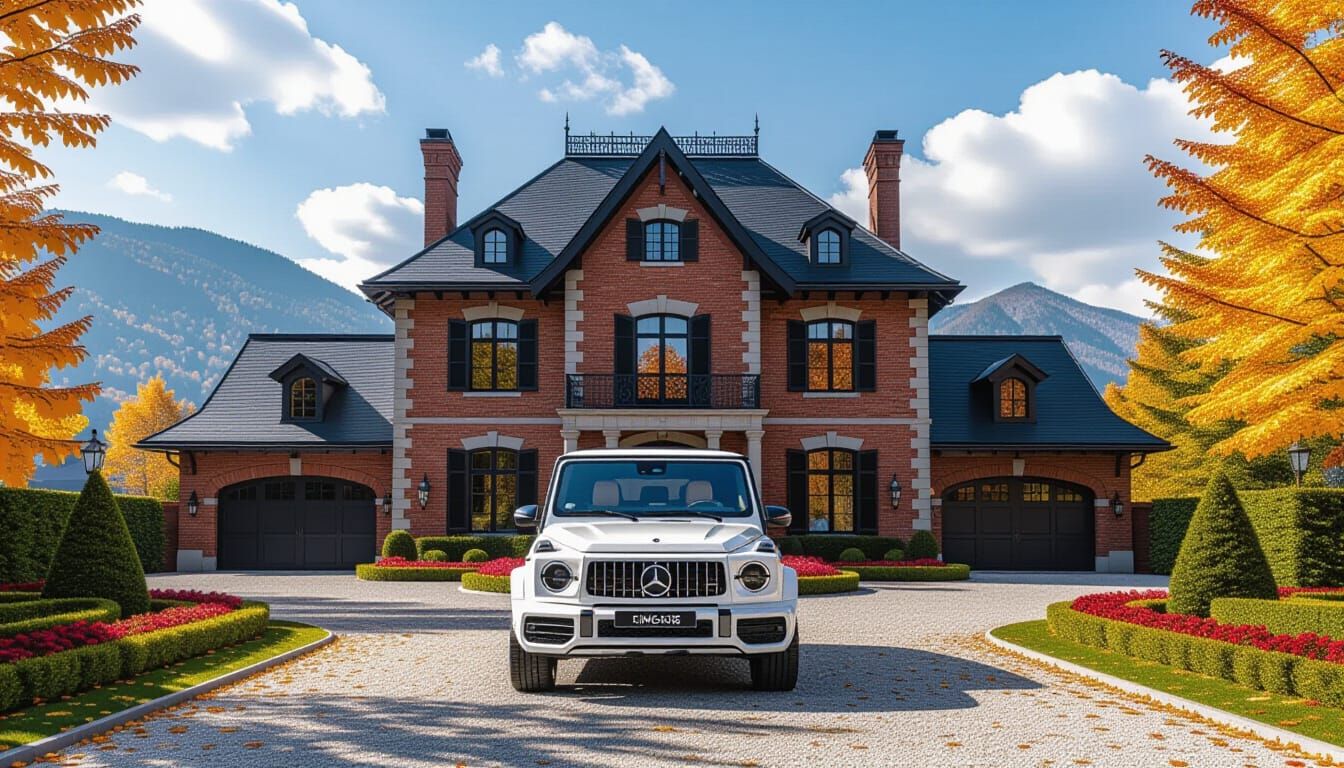 Victorian Chateau with Luxury Car Amidst Autumn Splendor