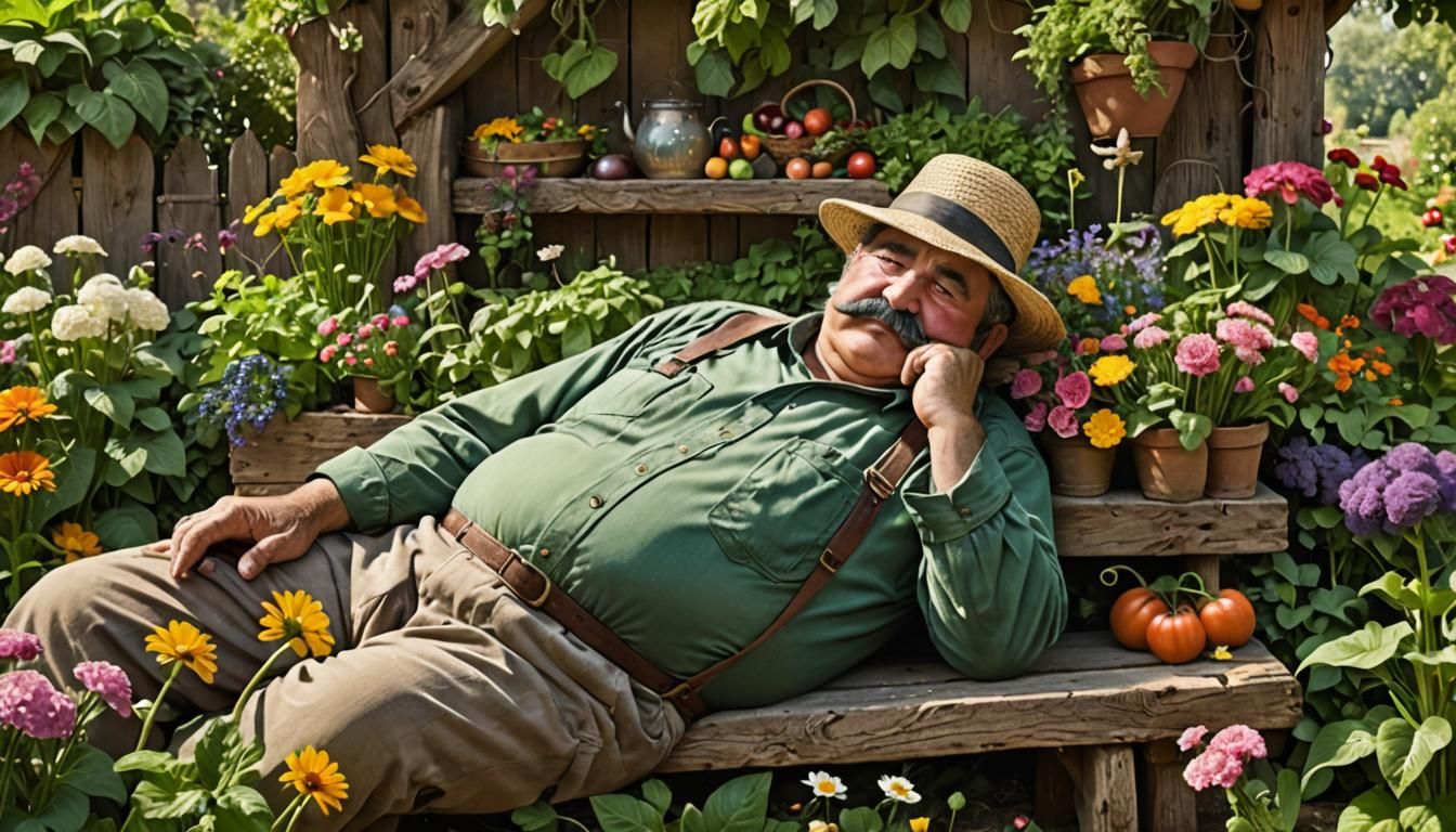 Enchanting Garden Scene with Sleeping Gardener