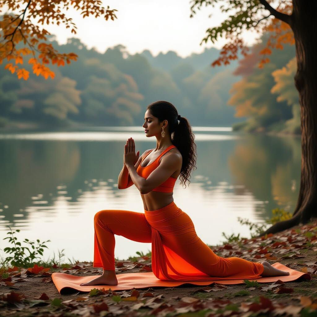 Woman in Warrior 1 Yoga Pose by Lake