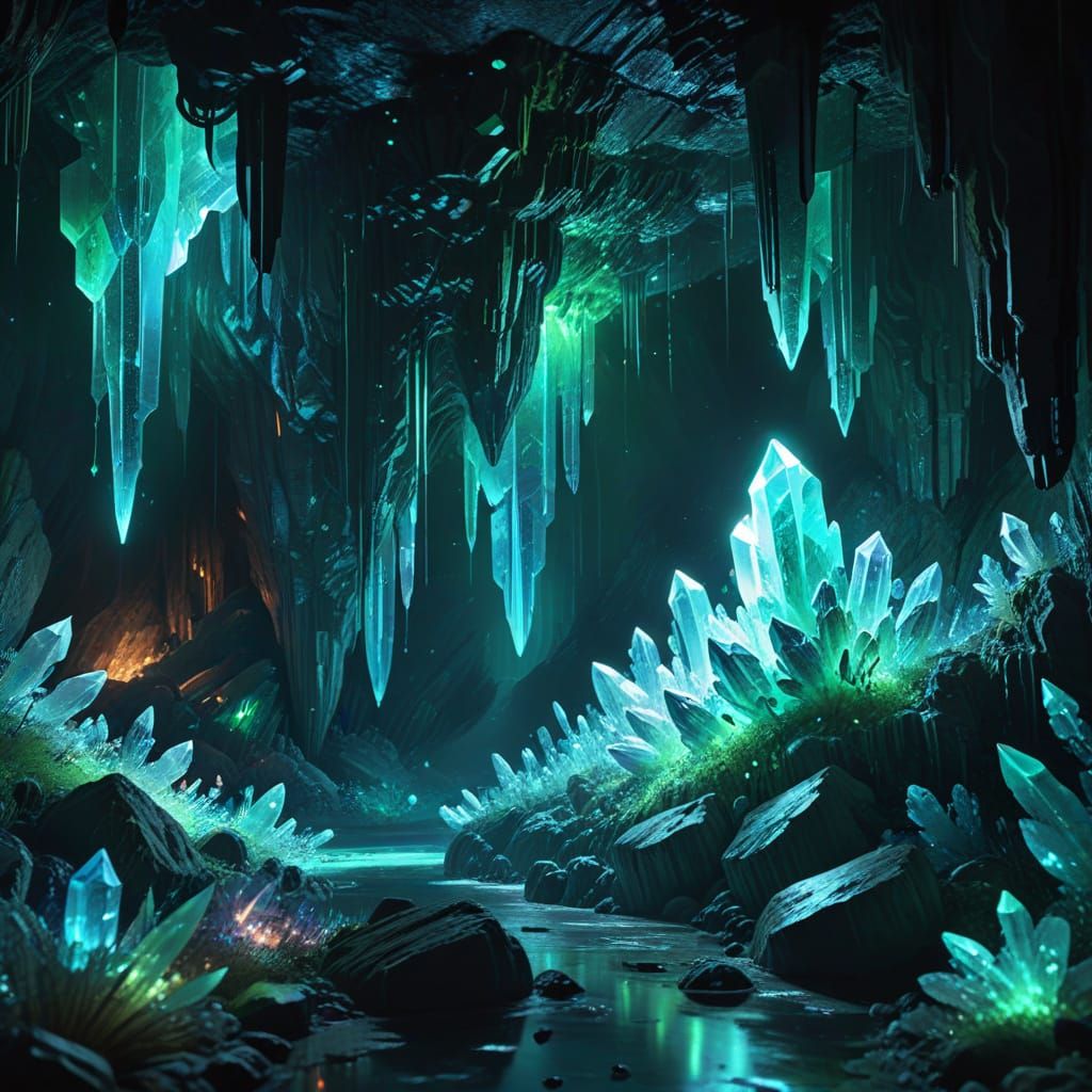 Bioluminescent Crystals in a Cave, Oil Painting