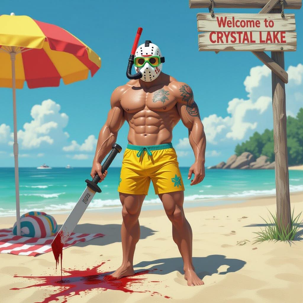Jason Voorhees Summer Beach Vacation in Anime Style