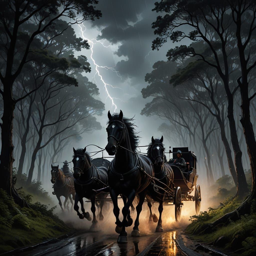 Majestic Black Carriage Speeds Through Stormy Forest