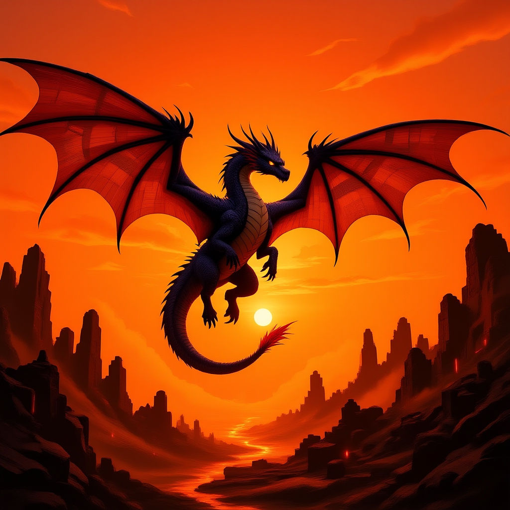 Digital Dragon Soars Through Sunset Sky