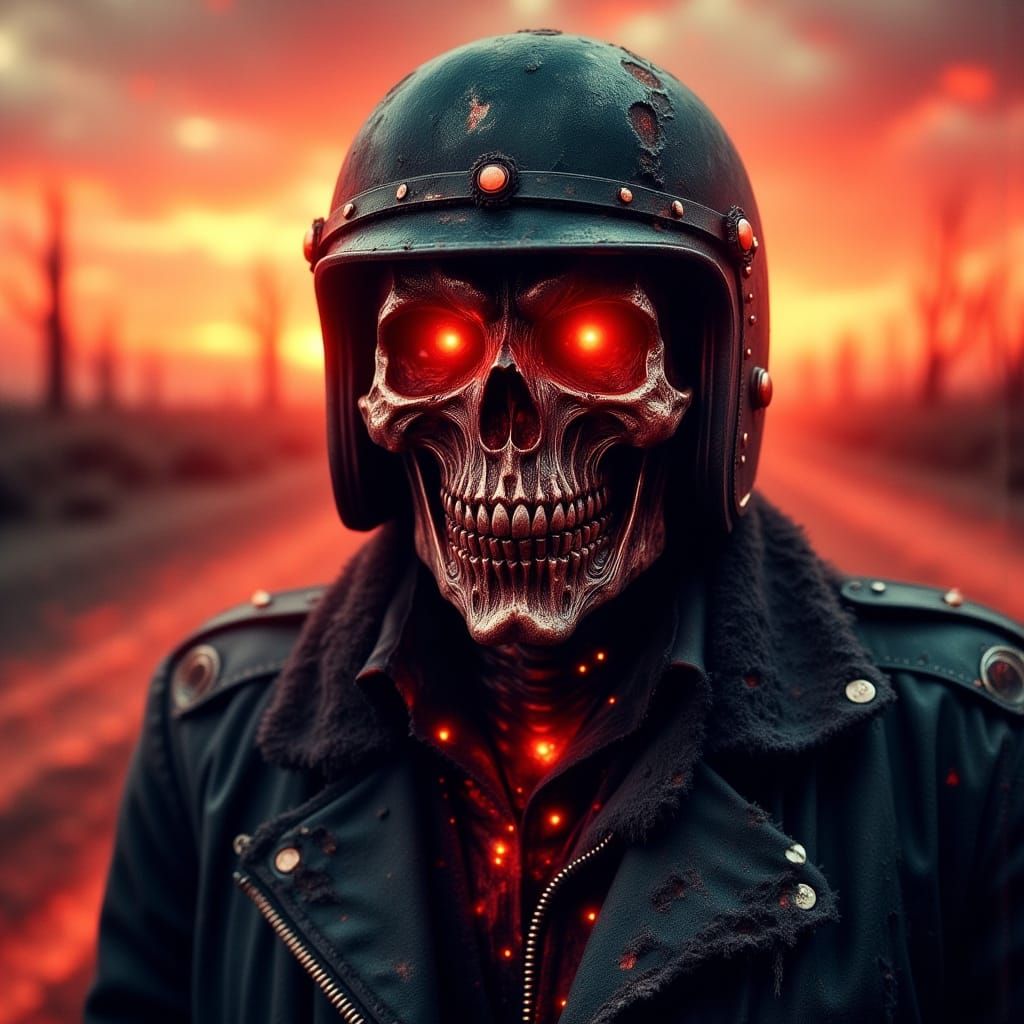 Skull Rider on Desert Highway at Sunset
