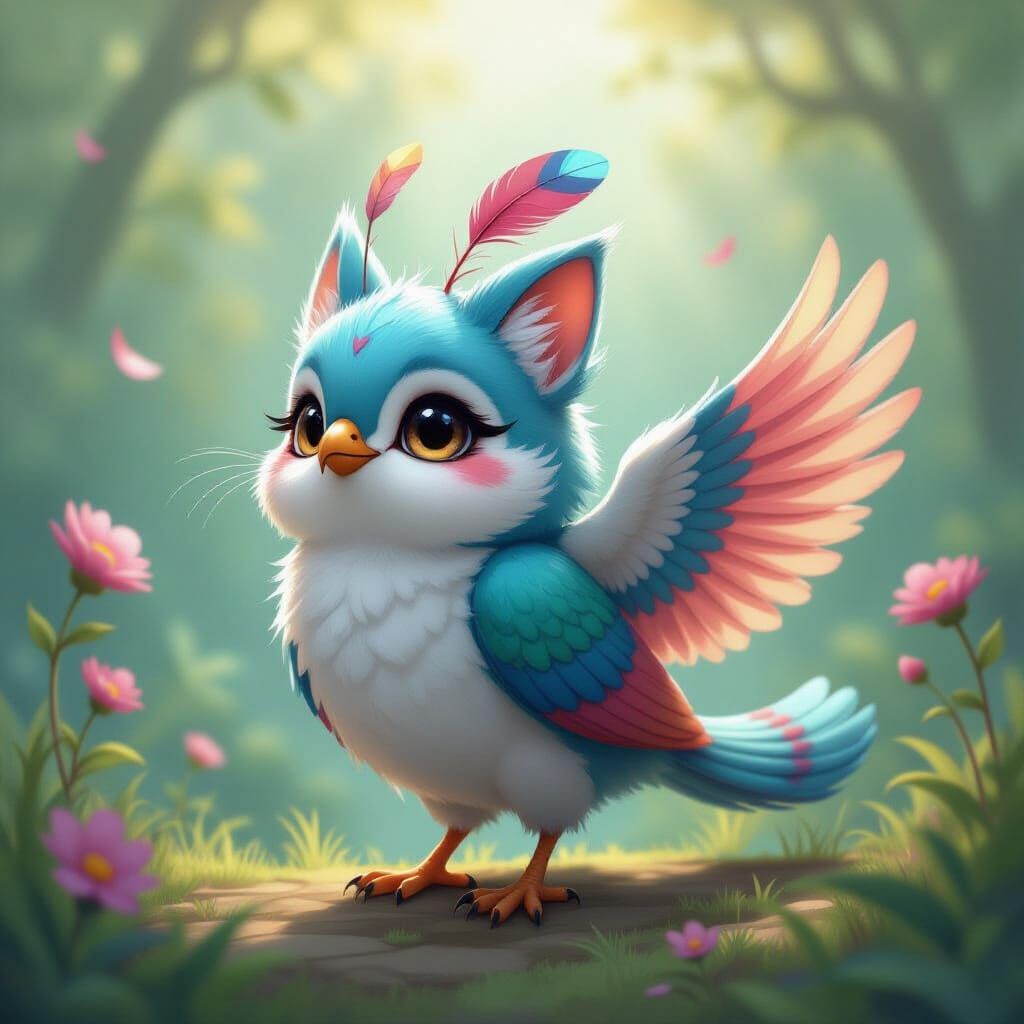 Whimsical Feline Bird Creature in Dreamlike Environment