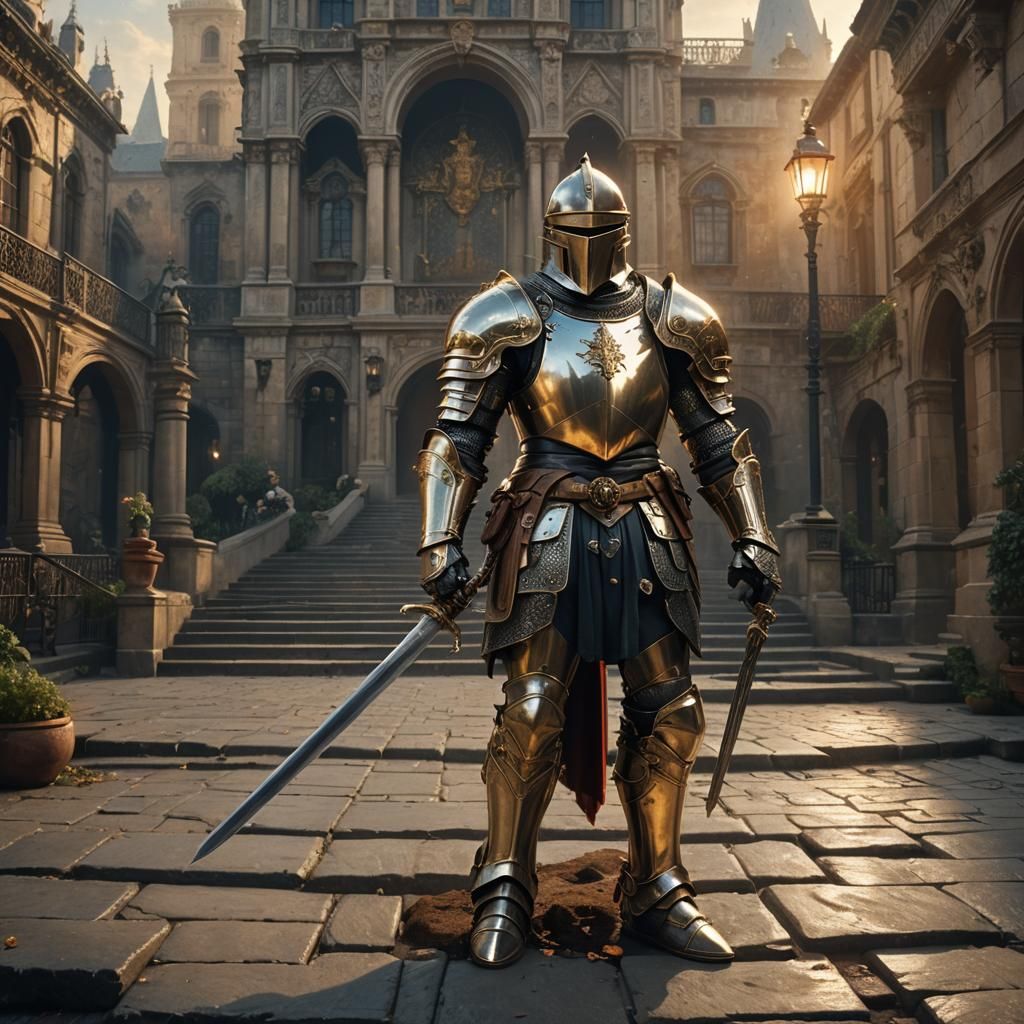 Renaissance Knight Overlooking Cityscape in Dramatic Lightin...