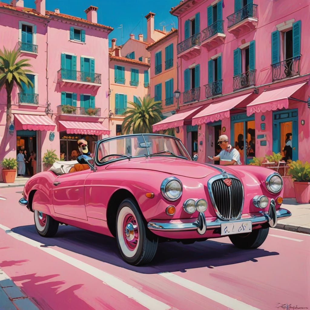 Pink Panther Cruises the French Riviera in a Hot Pink Conver...