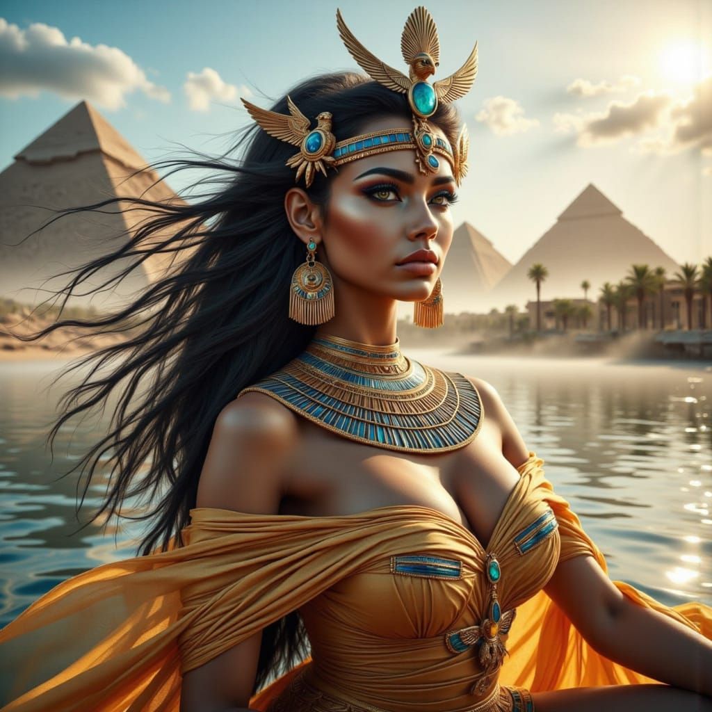 Egyptian Queen Cleopatra on Nile Barge at Sunset