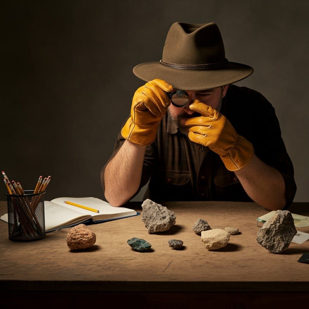 Geologist Examines Rock Samples in Detailed Illustration