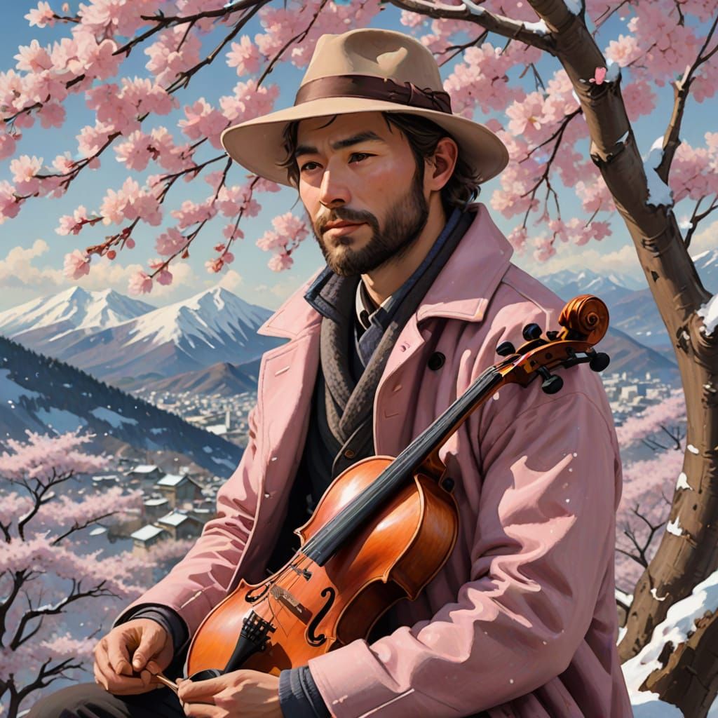 Rugged Musician Plays Violin Under Sakura Tree