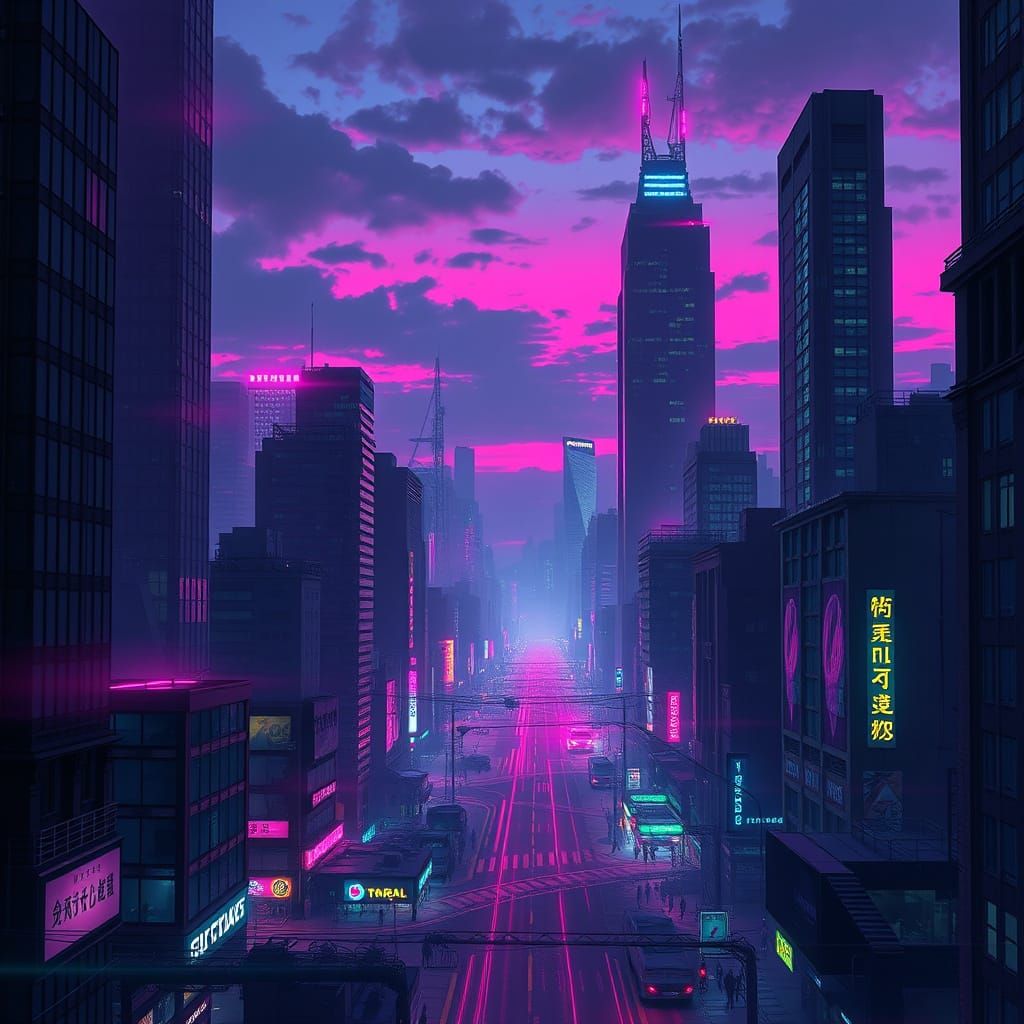 Majestic Cyberpunk Cityscape Unfolds at Dusk