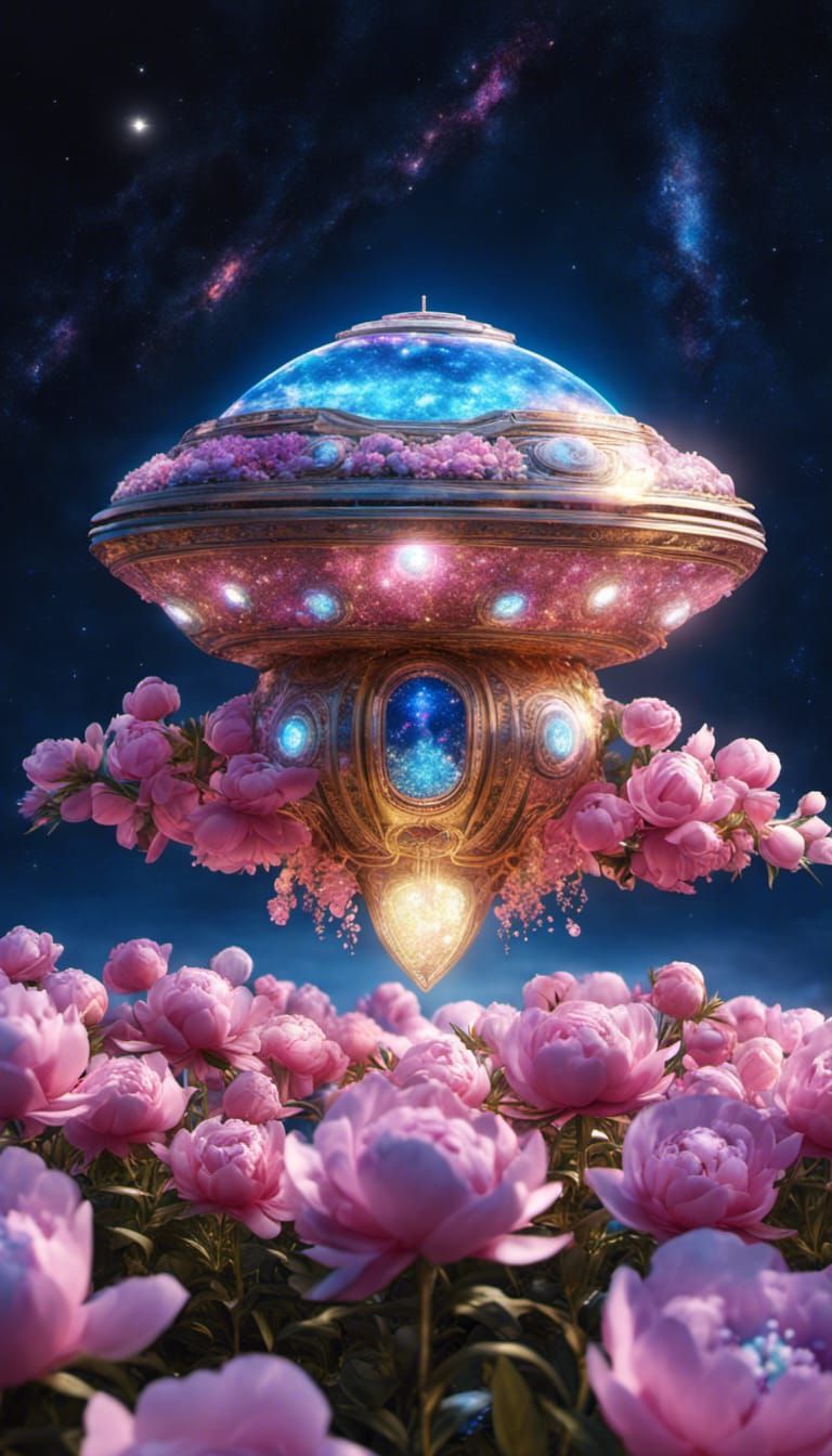 Floral Spaceship with Luminous Glow in Cosmic Moonscape