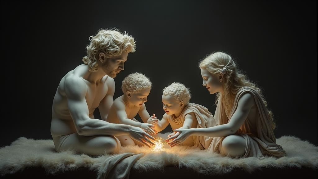 Silk Family Sculpture in Atmospheric Lighting