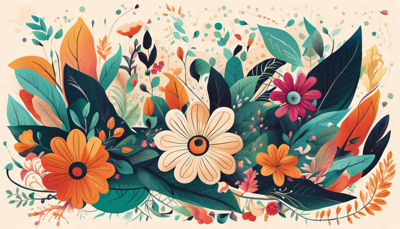 Vibrant Floral Illustration with Intricate Leaf Designs