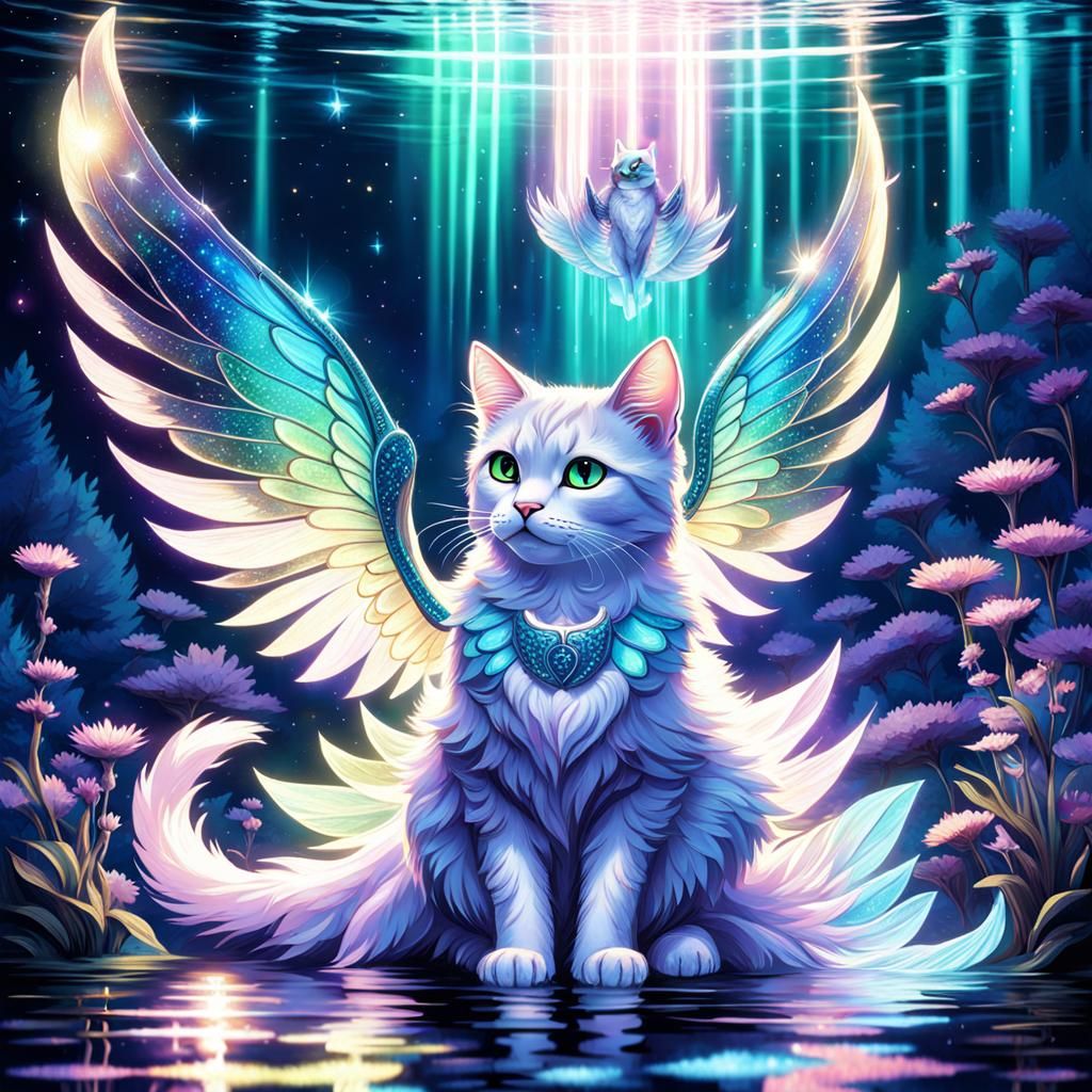 Iridescent Cat with Glass Wings Rising from Lake