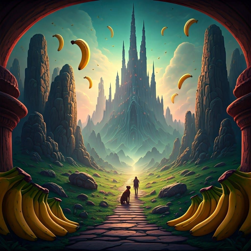 Mystical Realm with Dogs, Bananas, and Hot Dogs