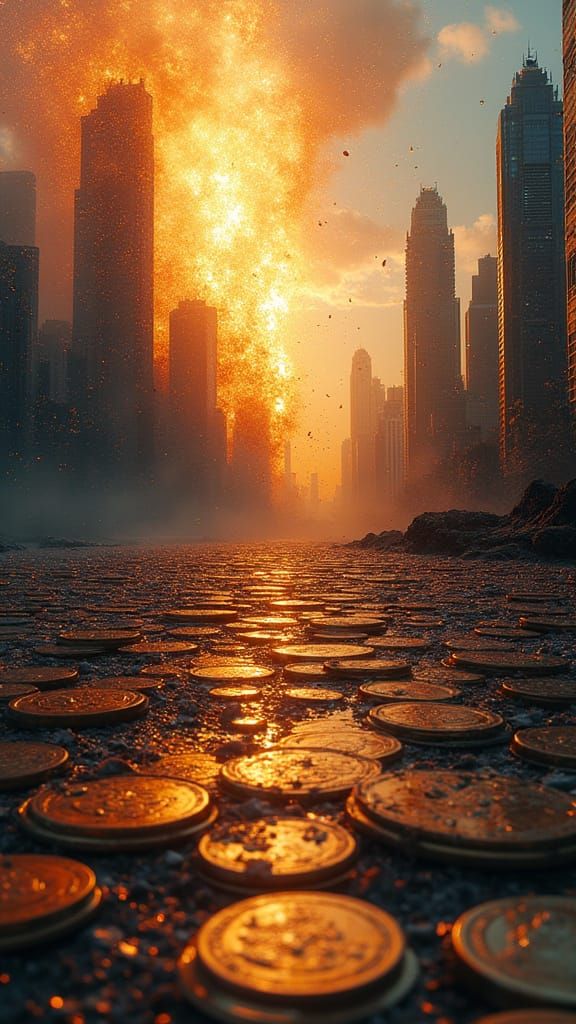 Cosmic Cityscape in Melted Coin Stacks, Golden Hour Splendor