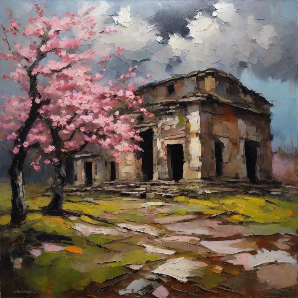Expressionist Cherry Blossoms Bloom on Battlefield Ruins