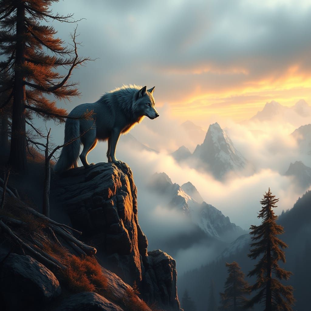 Majestic Wolf Dominates Shrouded Mountain Peak