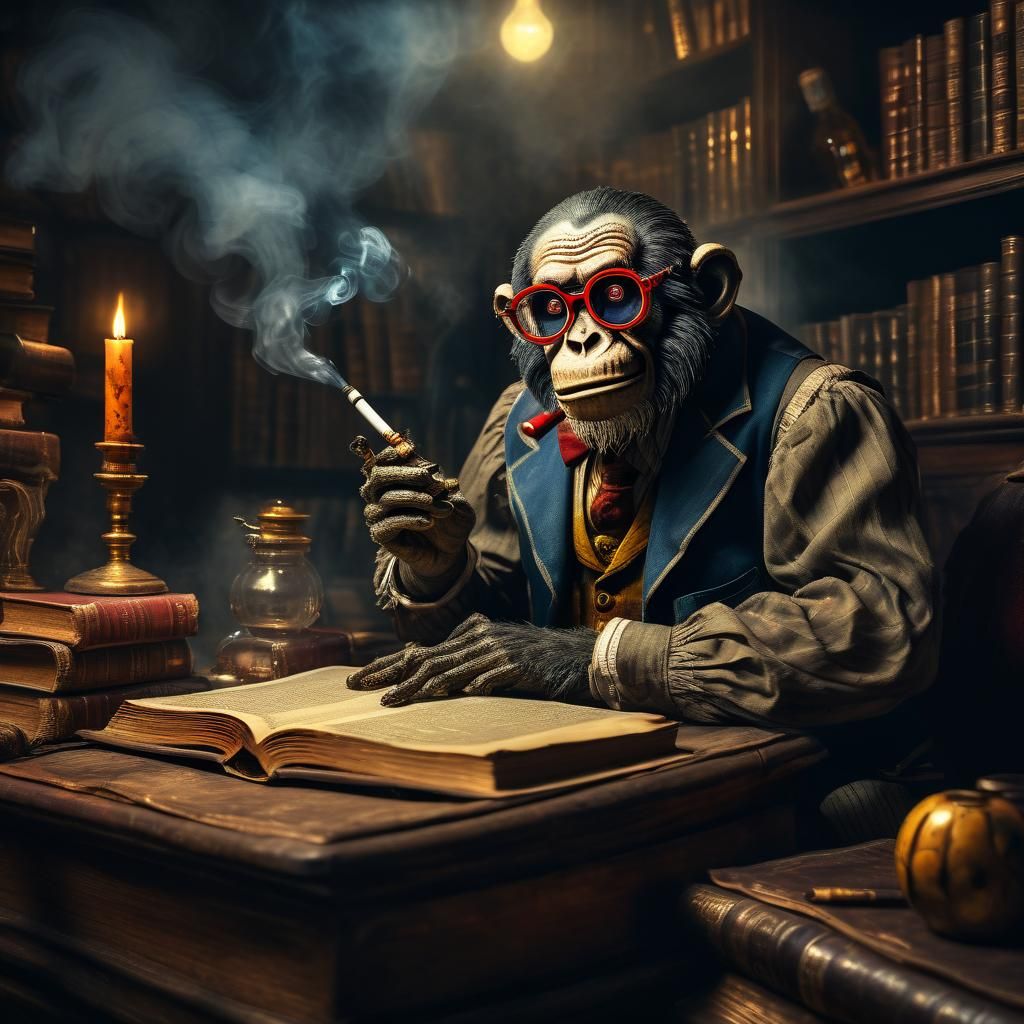 Gothic Author Zombie Monkey Enlightened by Warm Golden Light