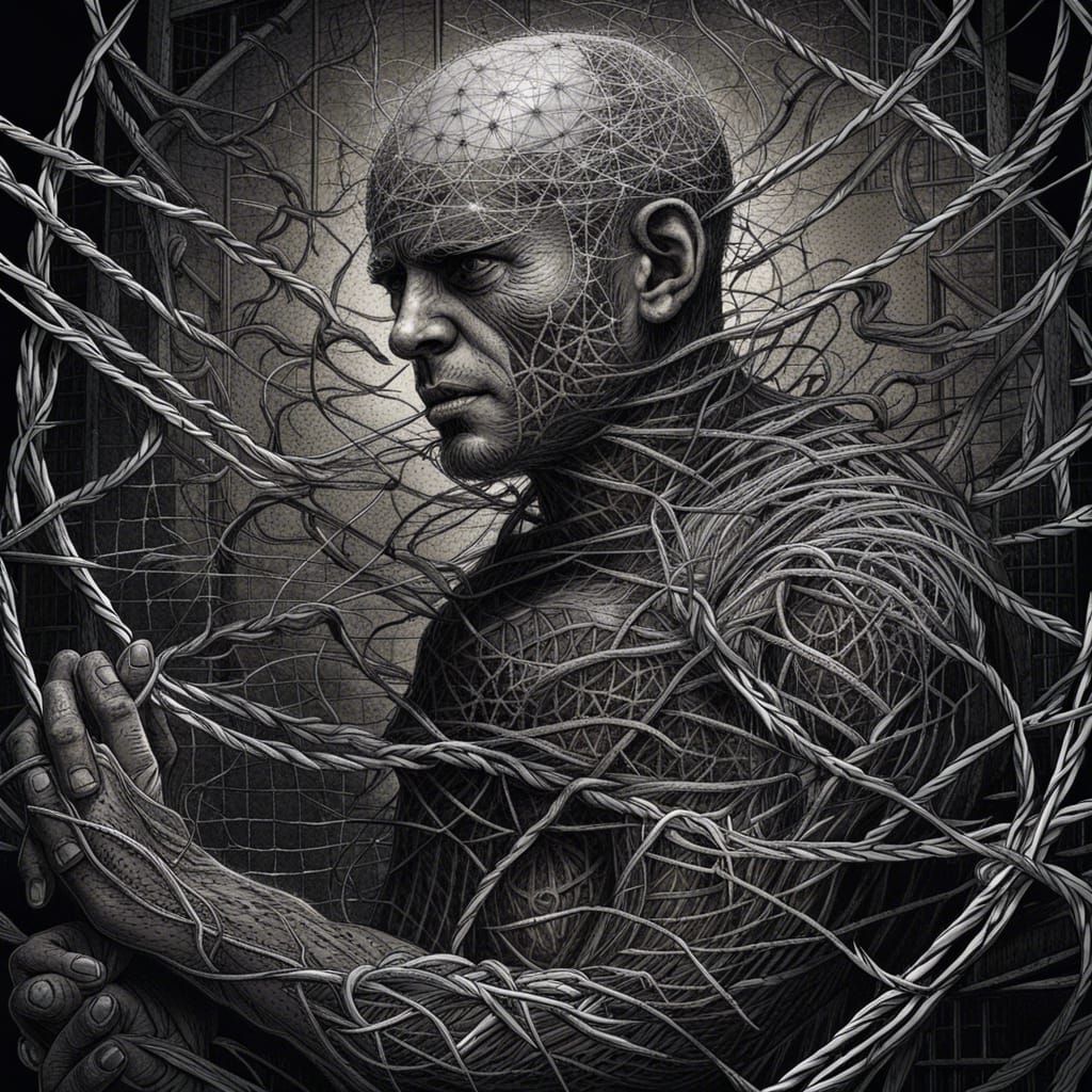 Barbed Wire Barber: Surreal Digital Stipple Art