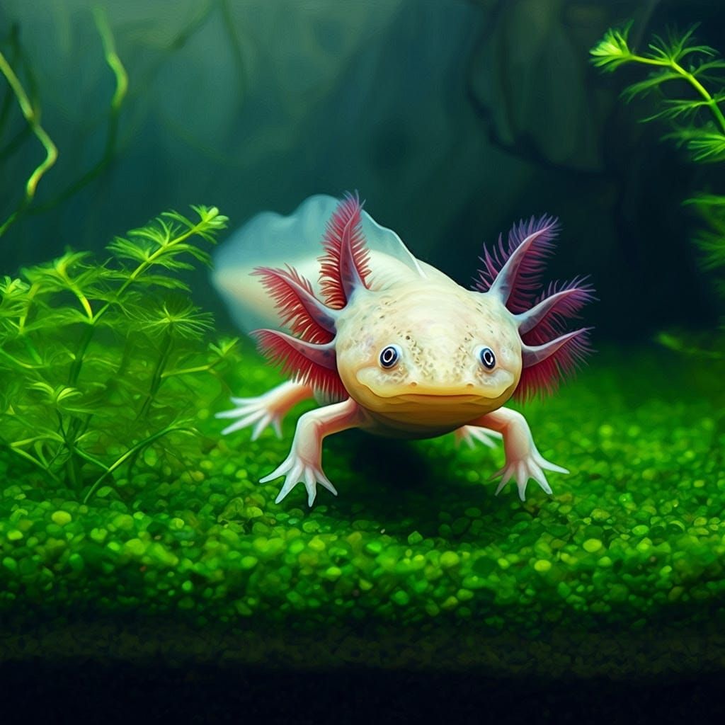 An Axolotl, this salamander of the family Ambystomatidae, is notable for its permanent retention of larval features, suc...