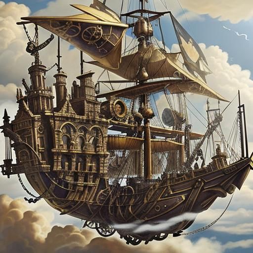 Absolutely! Here's a steampunk flying ship soaring through t...